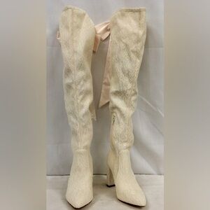 NWOB Antonio Melani x Nicola Bathie Nicola Lace Detailed Silk Bow Boots Sz 7.5